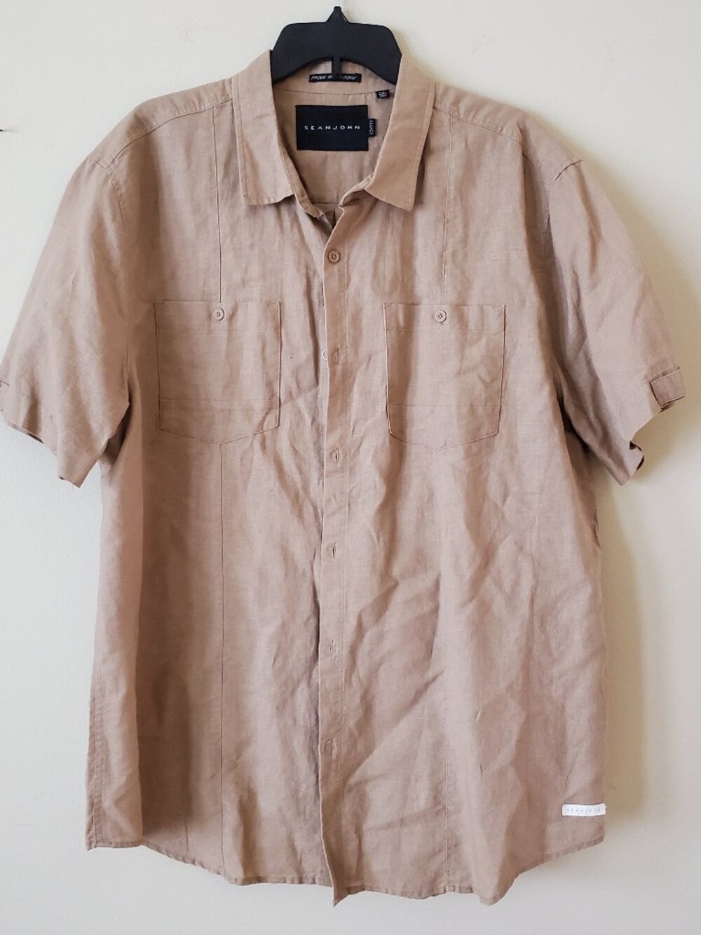 Sean John Beige Short Sleeve Linen Button-Up Shirt SZ 2XL